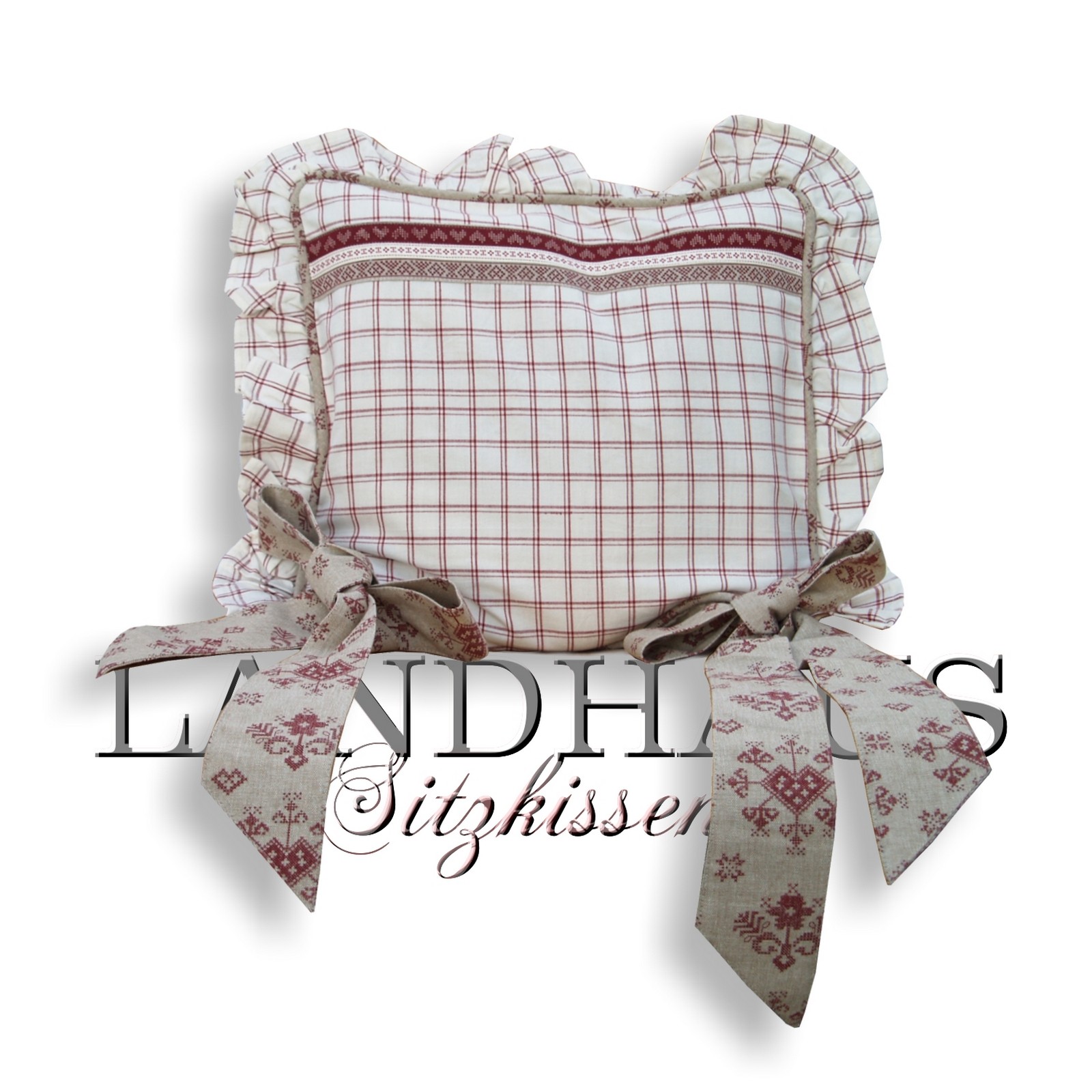 Clayre & Eef Stuhlkissen Nostalgie Kissen Schleife Landhaus Kissenhülle Clayre & Eev Stuhlkissen Landhaus Kreuzstich rot grau braun