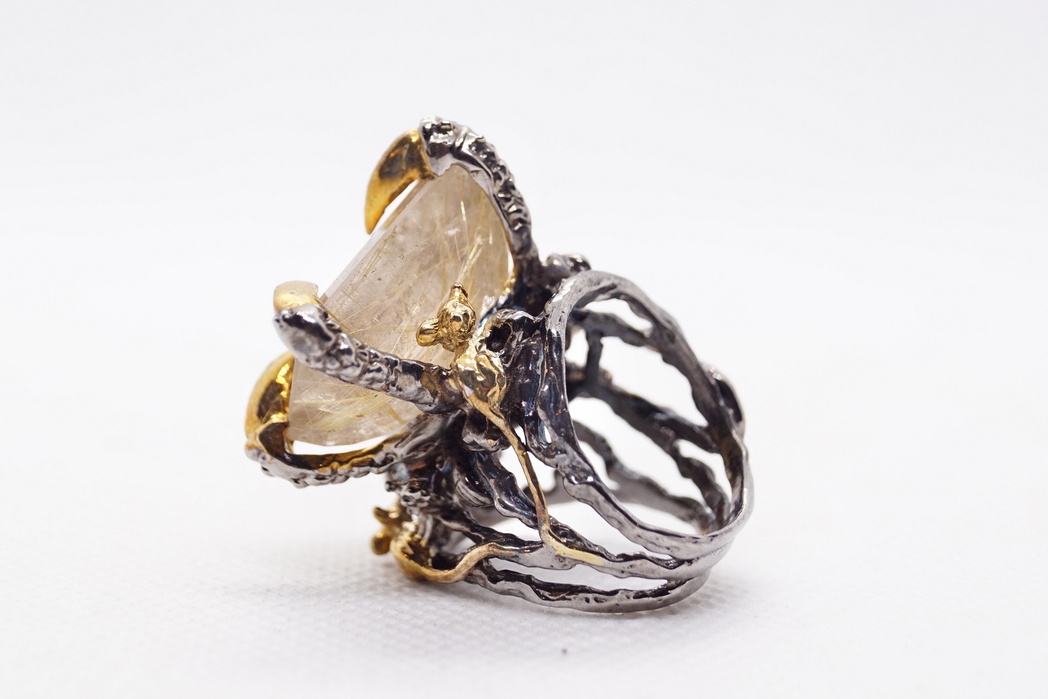 Totenkopf Ring 925 Silber Rutilquarz Edelstein Skelett handgefertigt