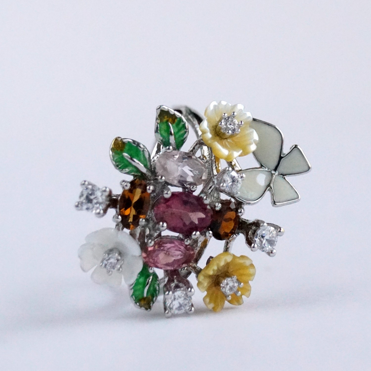 Ring 925 Silber Blüten Blumen Blätter Multicolor Edelsteine