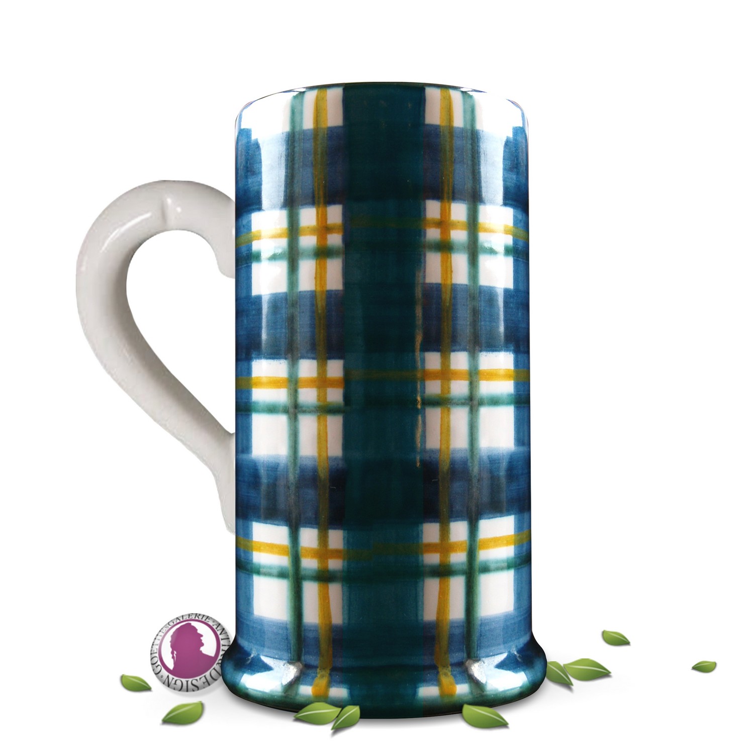 gmundner keramik becher blau grün karo krug neu