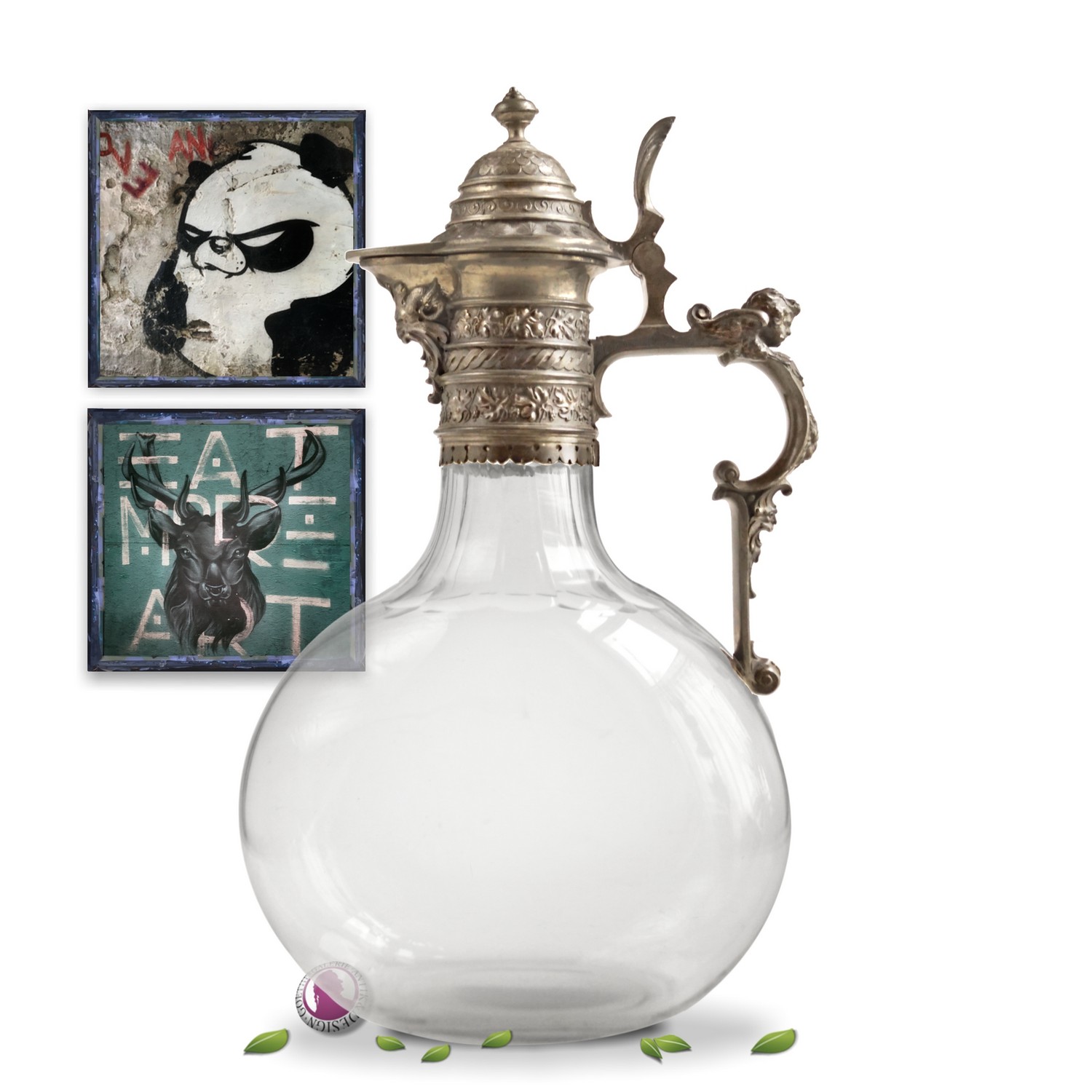 Karaffe Putti mundgeblasenes Glas Dekanter Weinblätter & Satyr Dekanter Weinblätter Satyr Fratze antik Glas mundgeblasen Karaffe