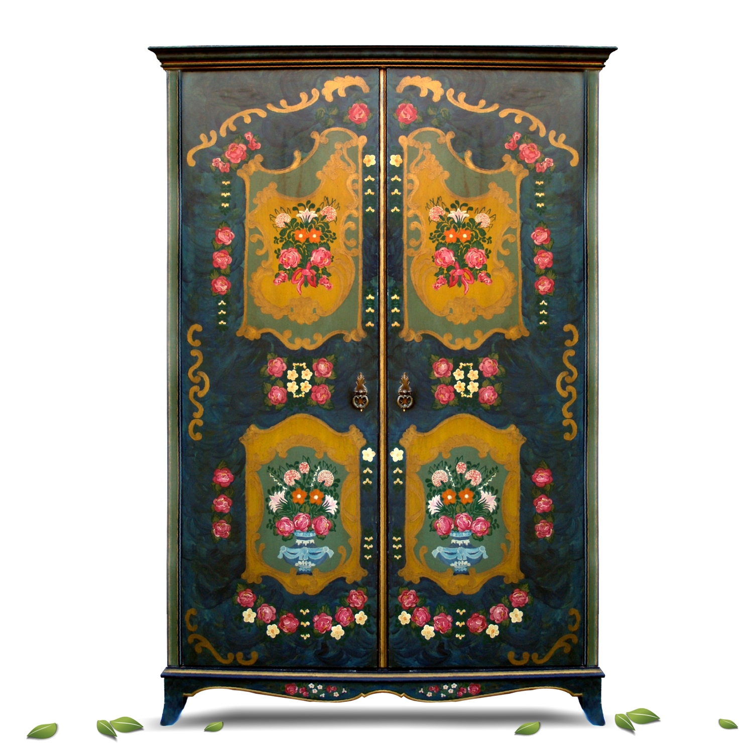 Bauernschrank bemalter Dielenschrank antik grün-gold Bauernschrank