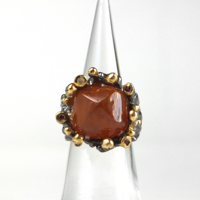 Ring 925 Silber Edelstein Hessonit Koralle handgefertigt