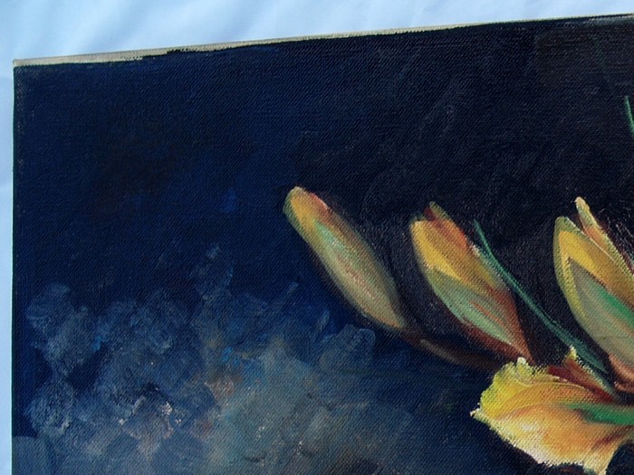 Ölbild vintage STilleben Blumen rosen gladiolen Öl auf Leinen antik rosa gelb grau