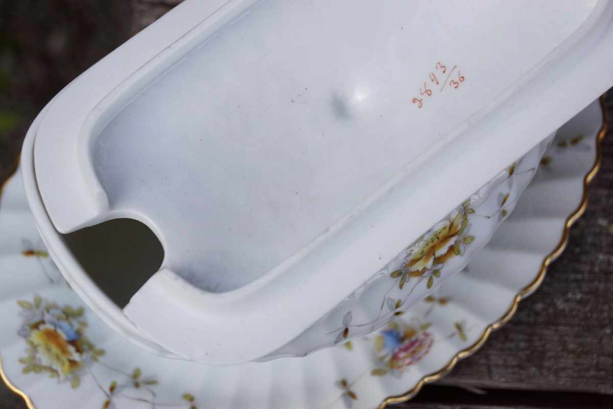 antikes Porzellan Komplettset blümchen gold eckig antikes Geschirr Shabby chic Vintage Jugendstil Teller Terrinne Sauciere