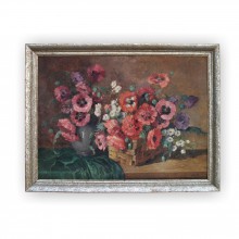 Ölbild großes Stilleben Blumen Malerei 112 x 84 cm "Mohnblumen" Vintage silberner Vollholz Bilderrahmen