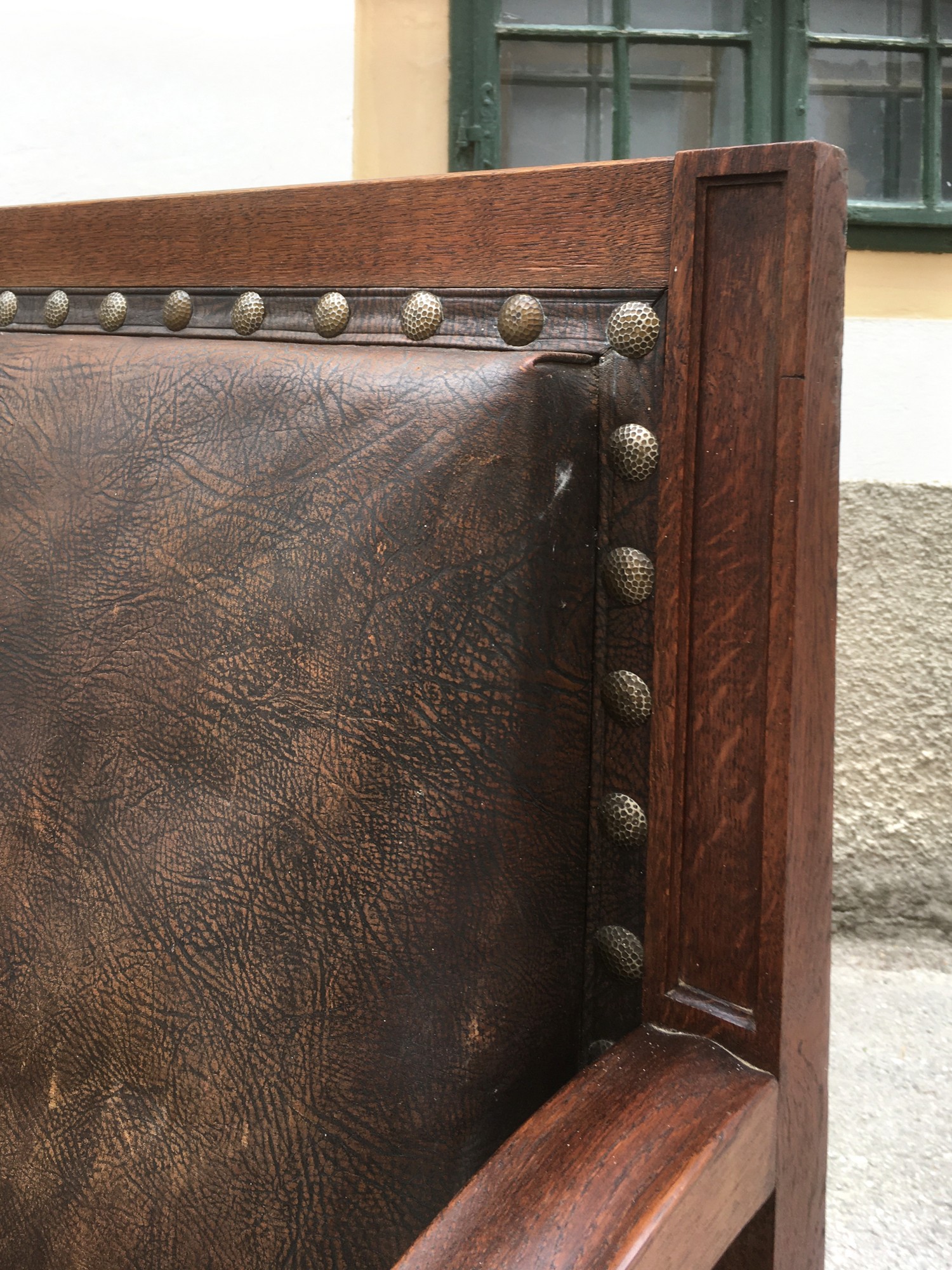 Jugendstil Sitzbank Sofa groß Eiche massiv Leder braun antik