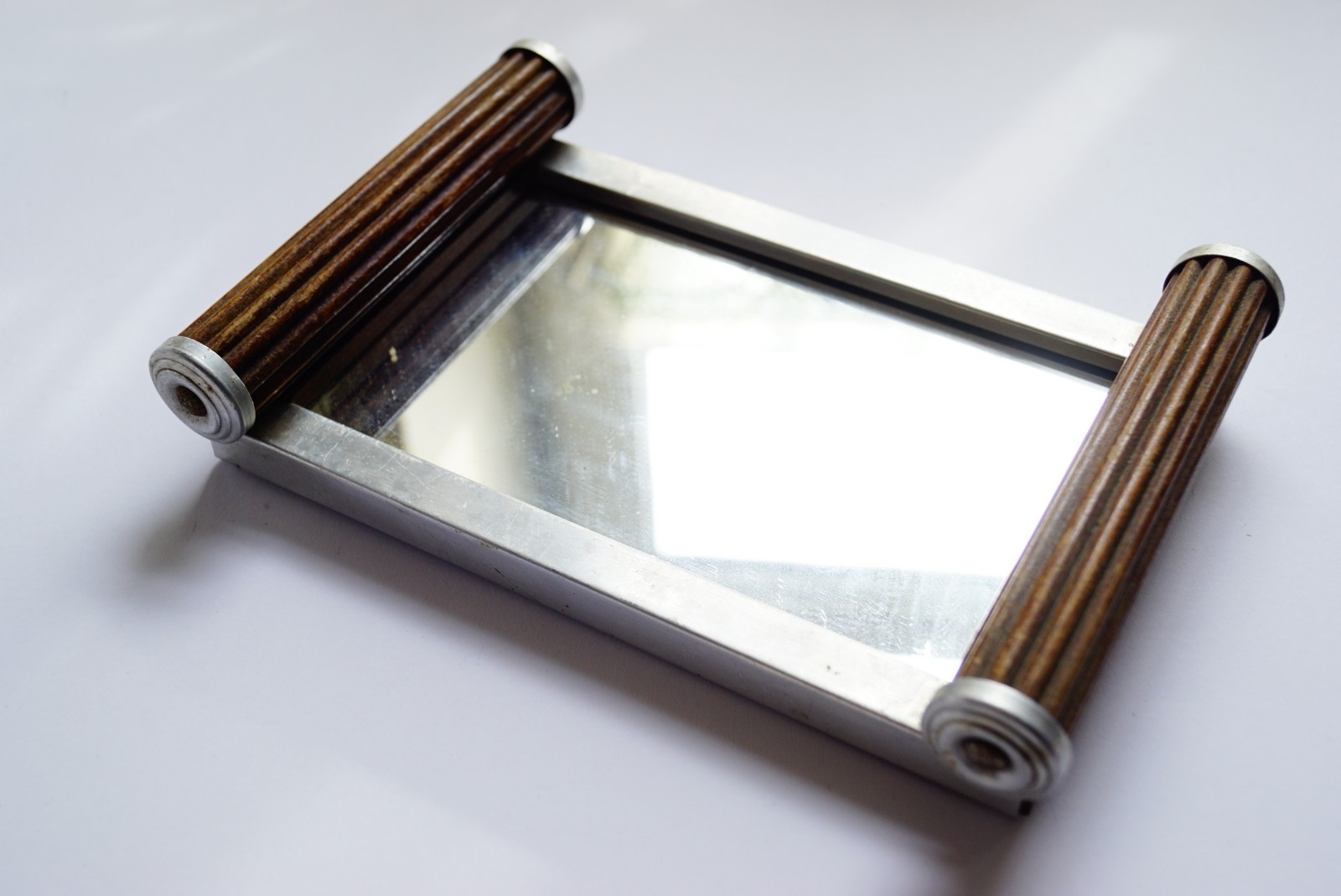 Serviertablett antik Art Deco silbern 1920 Chromline Design Holz Antiquität Rauchertisch