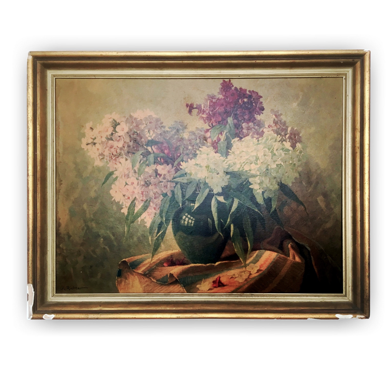 Gemälde Stillleben Flieder signiert W. Richter Öl auf Leinen Gemälde Stillleben Flieder signiert W. Richter Öl auf Leinen im Rahmen