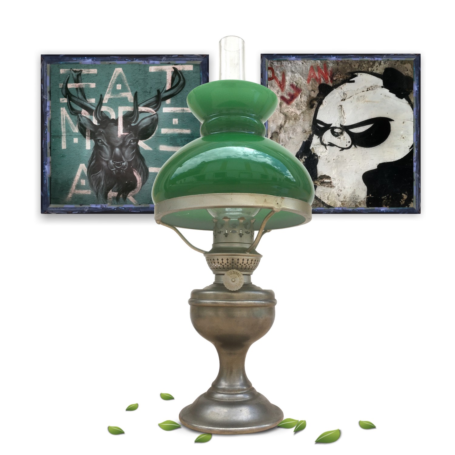 Tischlampe Petroleumstil Zinnstandfuss Glasschirm grün überfangen Tischlampe gruen