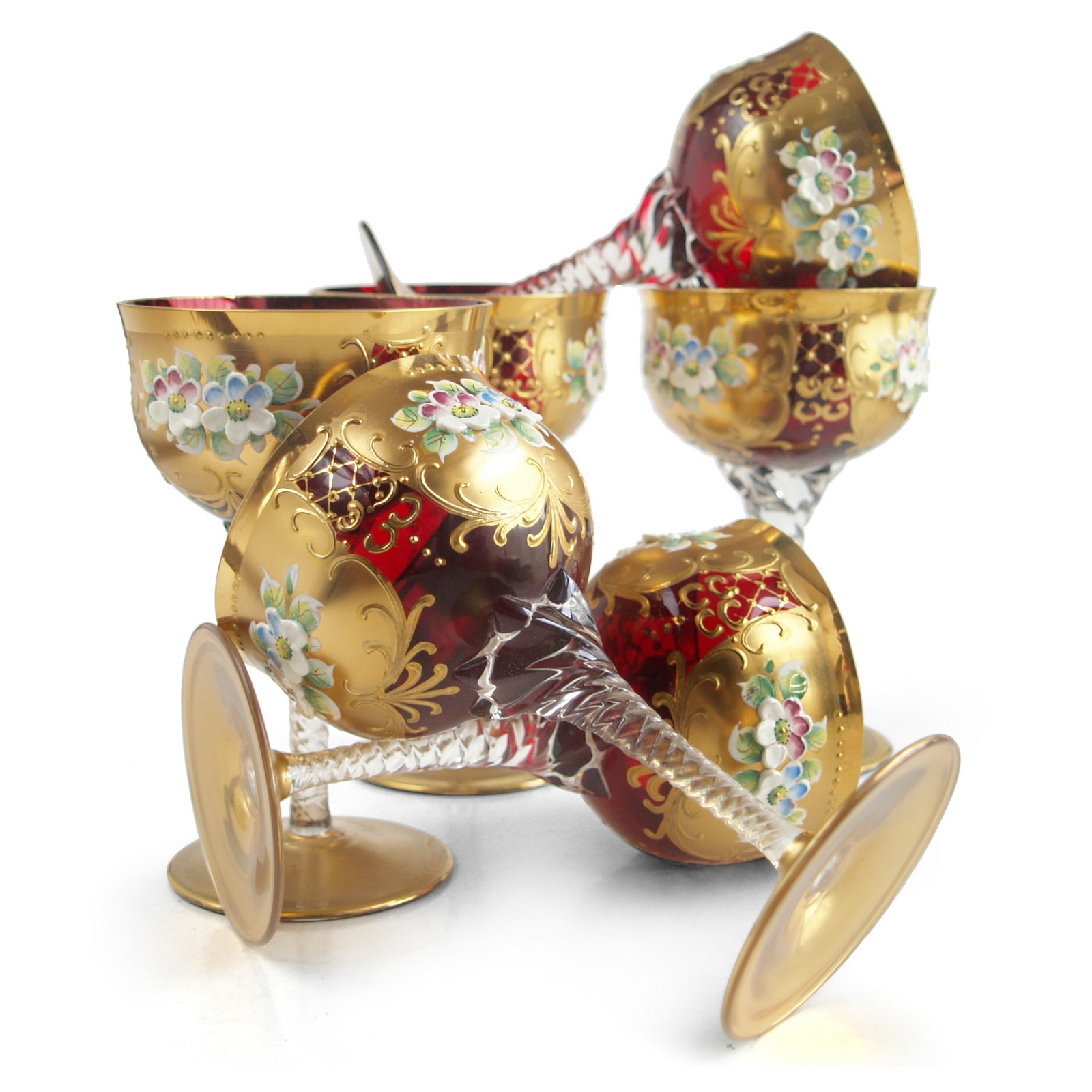 Weingläser Böhmen Bleikristall Set 6 Stk. mundgeblasen Emailbemalung Bleikristall Gläser Böhmen