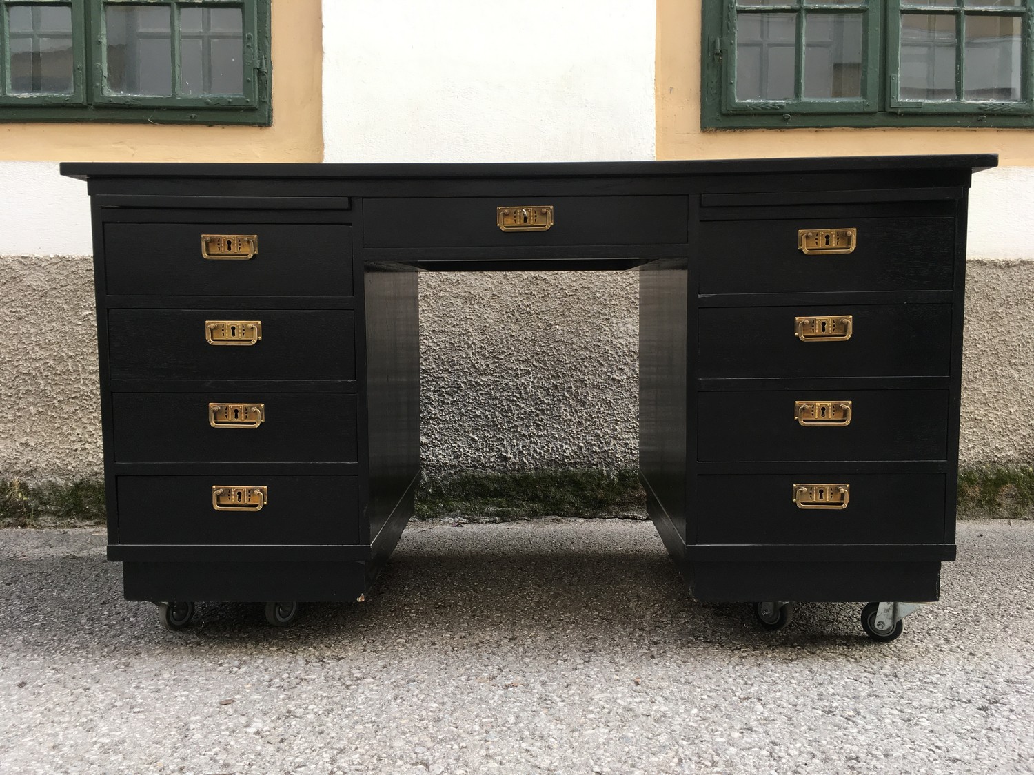 Schreibtisch Jugendstil 1920 antik restauriert, schwarzer Freisteher