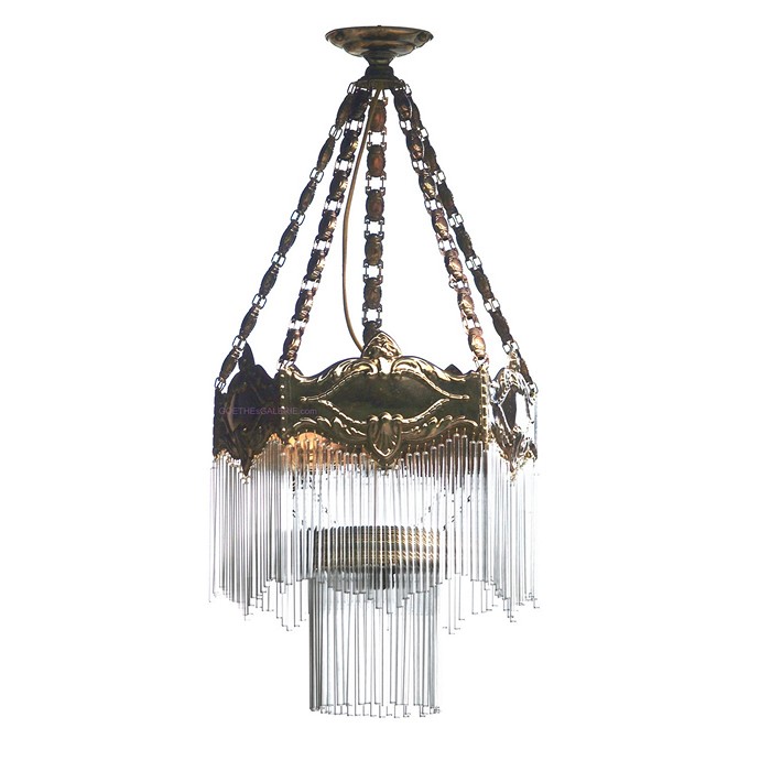 Hängelampe Luster im Jugendstil goldfarben mit Glasstäbchen Luster Jugendstil Glasstäbchen Lampe