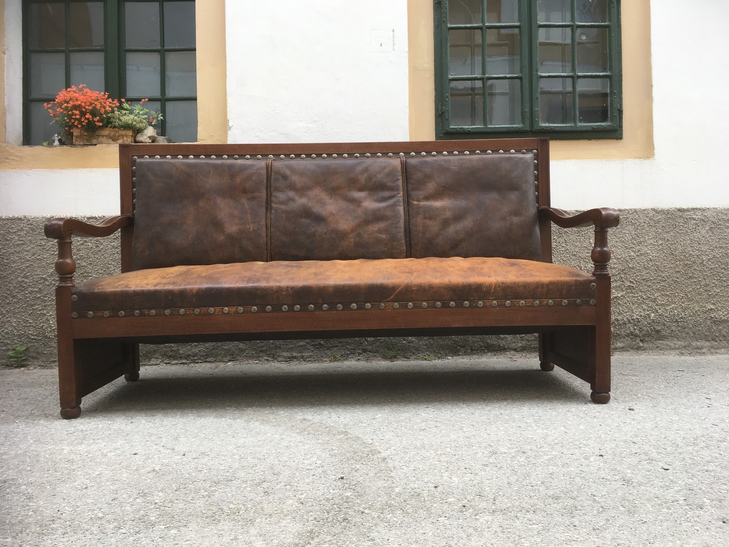 Jugendstil Sitzbank Sofa groß Eiche massiv Leder braun antik