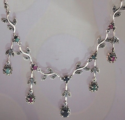 Collier Halskette floral 925 Silber Handarbeit Rubin Saphir Smaragd