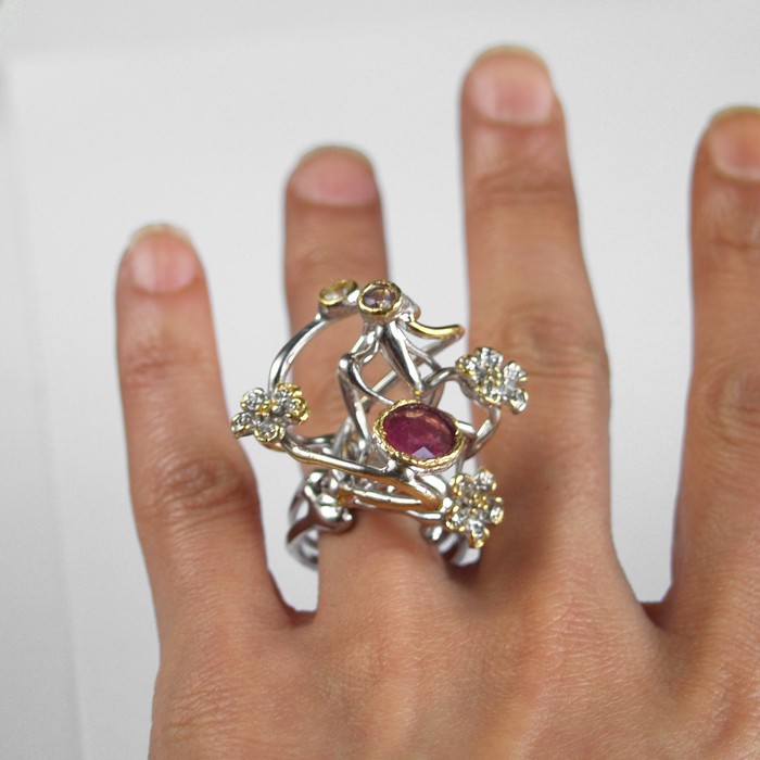 Ring 925 Silber Edelstein multicolor floral Einzelstück handgefertigt, Traumstück!