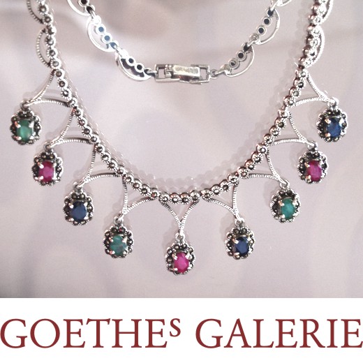 Rubine, Smaragde und tiefblaue Saphire Collier 925 Silber