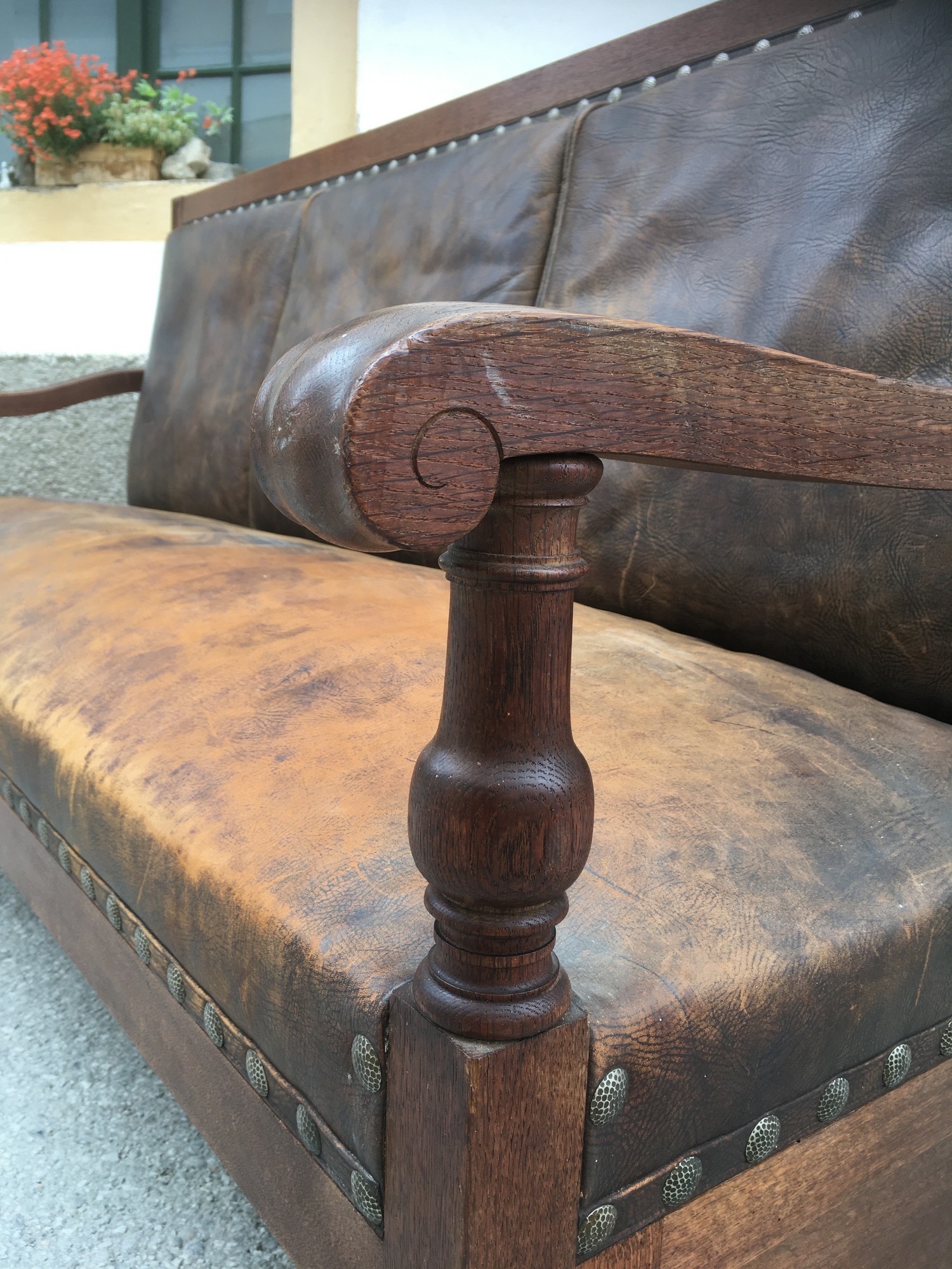 Jugendstil Sitzbank Sofa groß Eiche massiv Leder braun antik