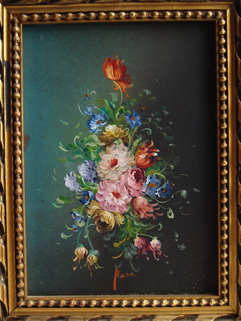 Ölbild Stilleben Blumen Malerei in goldenem Rahmen "Rosen & Tulpen"