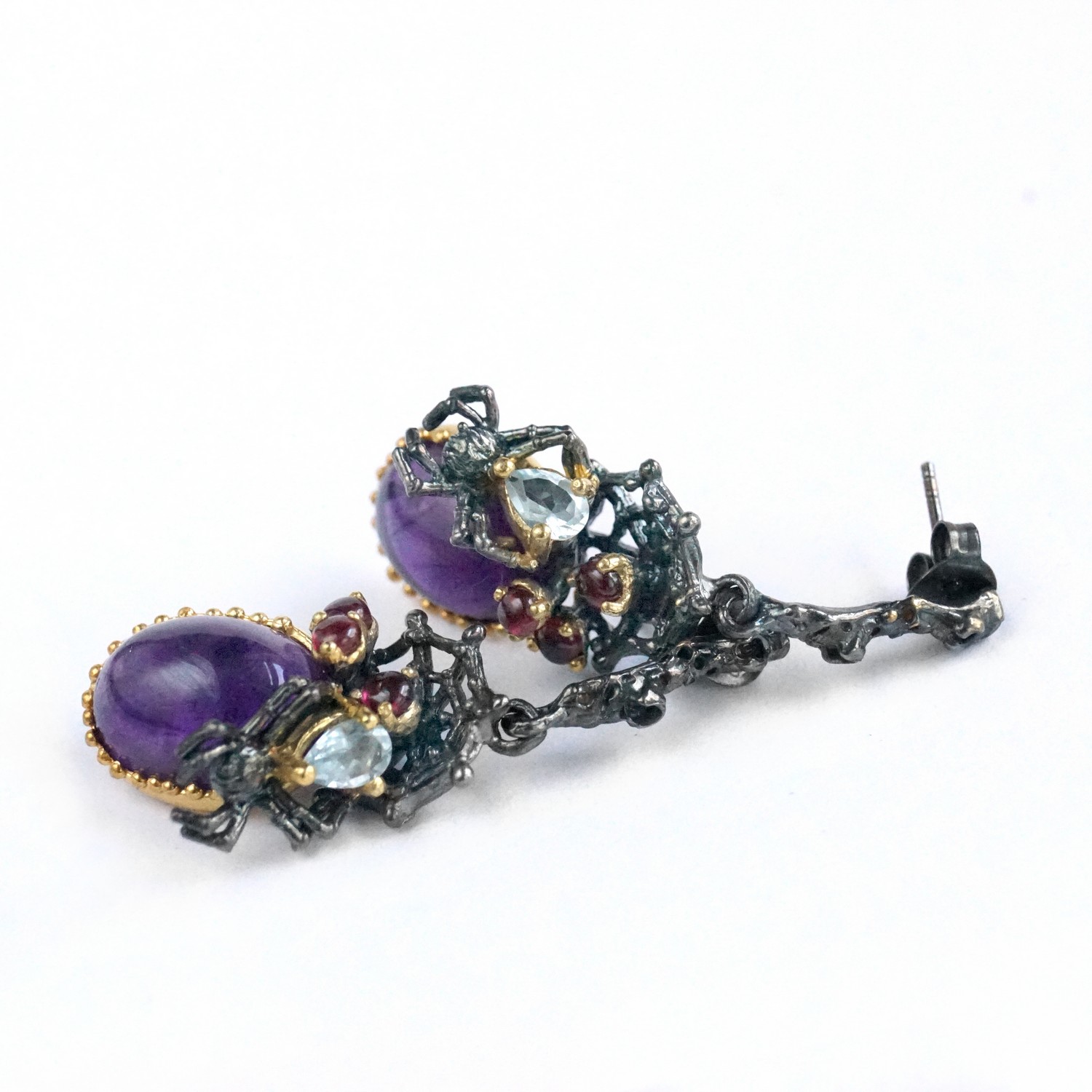 Ohrstecker Silber 925 Amethyst Granat Topas teilvergoldet Spinne