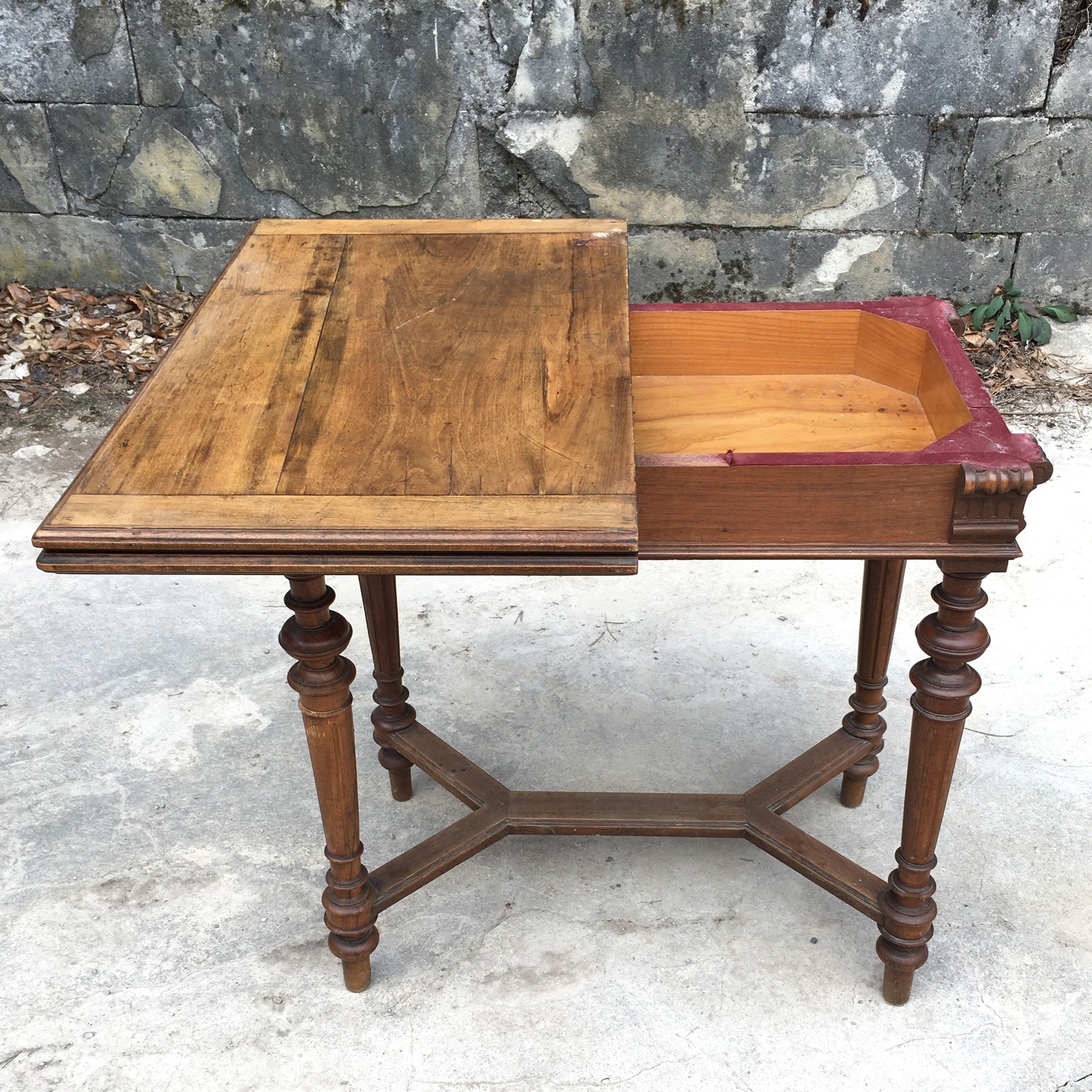 Antiker Spieltisch Historismus um 1880 Schreibtisch aufklappbar Konsole Massivholz Messing Pokertisch Herrenzimmer