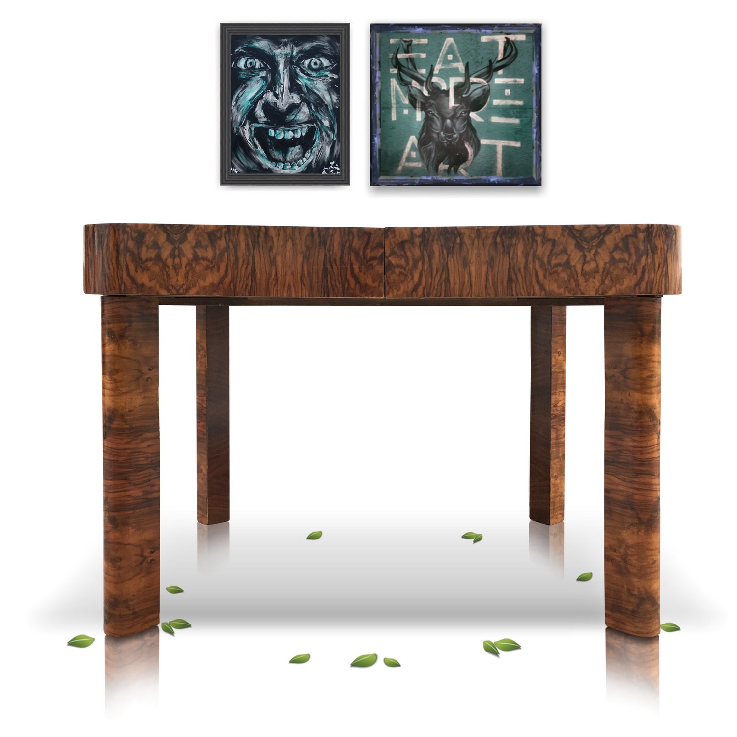 Tisch antik Art Deco Wurzelholz Kaukasisch-Nuss furnierter Artdeco Ausziehtisch Artdeco Speisetisch kaukasisch Nuss Vollholz furniert Antiquität Shop Design Möbel kaufen Lieferung Requisite Film Hotel Möbel