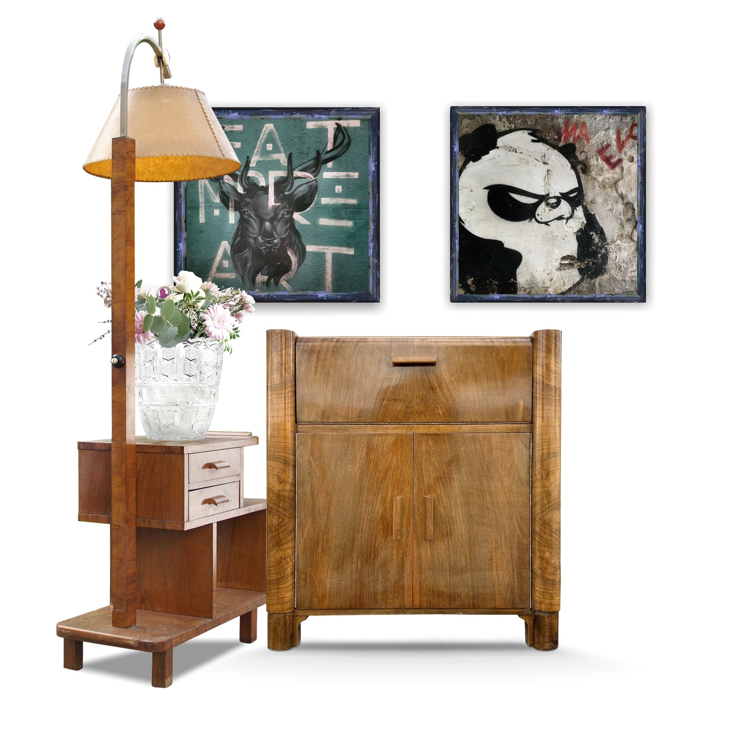 Art Deco Schrank verspiegelte Rückwand original antike Vitrine antiker Musikschrank 1940er-Jahre Antiquität Kommode Artdeco Plattenspielerschrank Vintage Design Brutalismus Holz Furnier