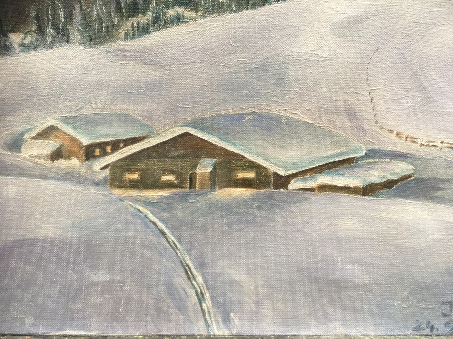 Oelbild Leinwand Winterlandschaft Sonnenuntergang signiert Bild Gemaelde