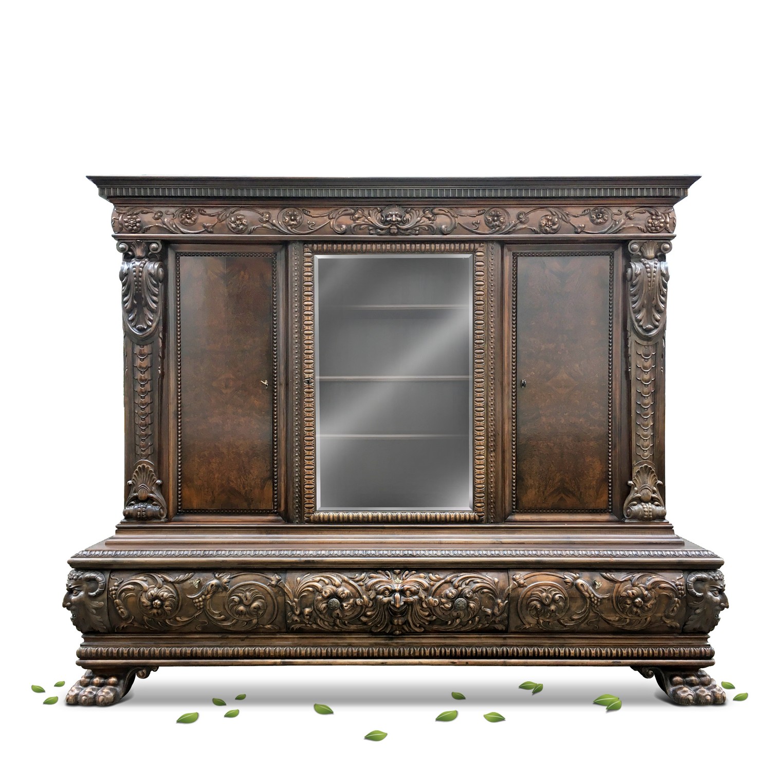 Bücherschrank antik Neorenaissance Schrank Satyr Fratzen und Löwentatzen Bücherschrank antik Neorenaissance Schrank Fratzen und Löwentatzen
