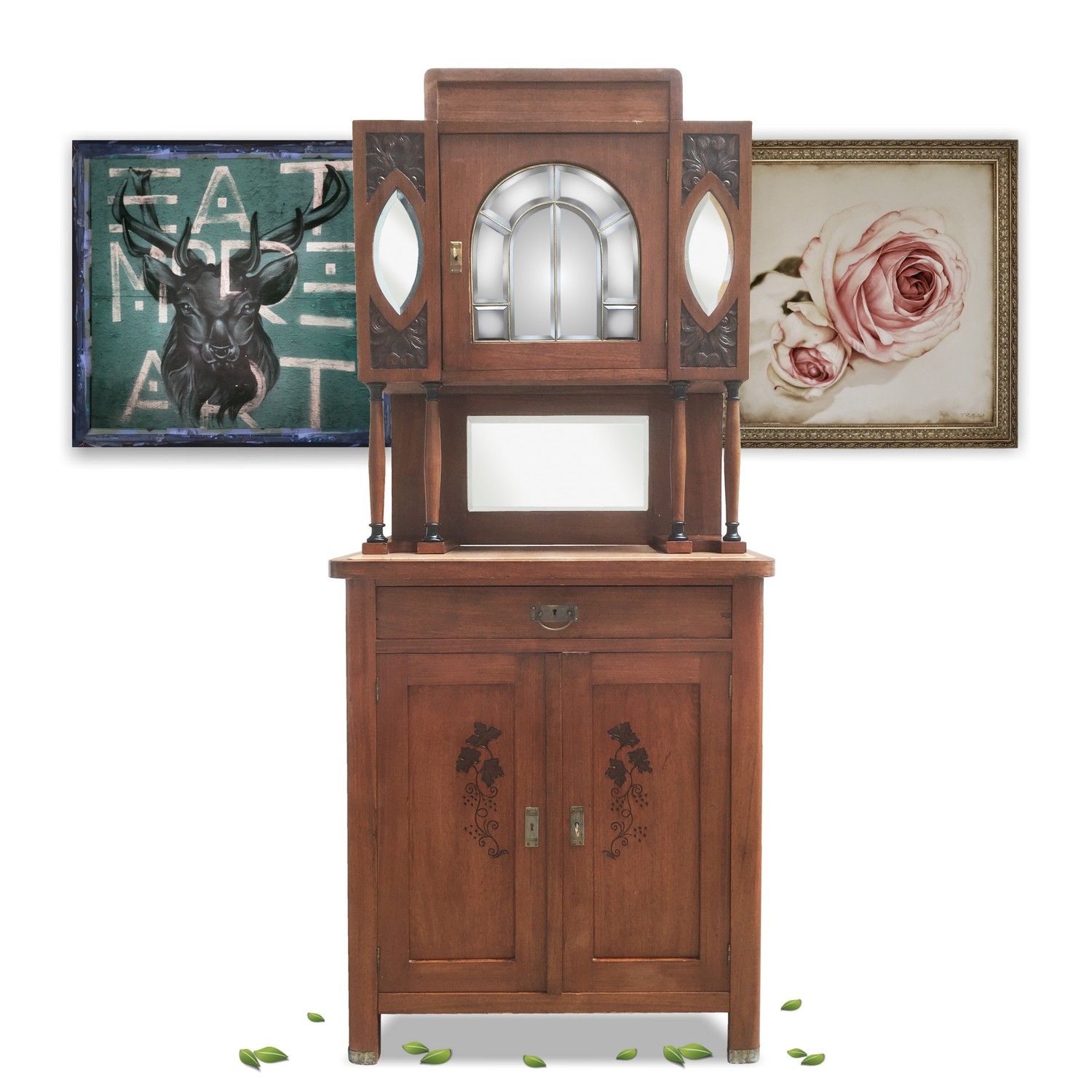 Schrank Jugendstil Marmorplatte Pfeilerschrank "Kirschen" Relief Jugendstil Pfeilerschrank