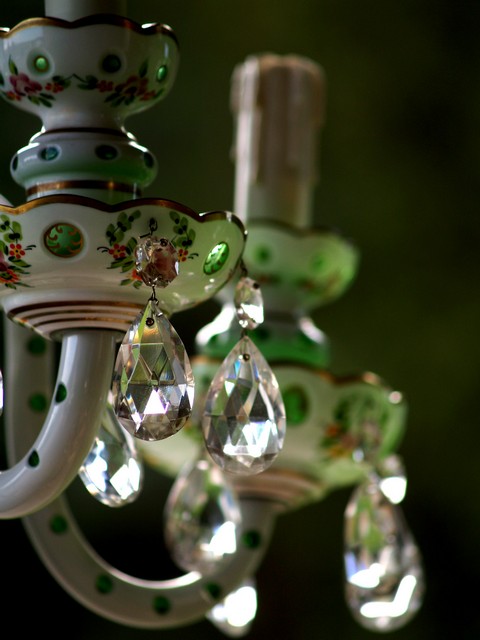 Vintage Lamp Bohemian Glas Vintage Wandlampe Wandleuchte böhmisches Kristallglas grün weiß antiker Leuchter