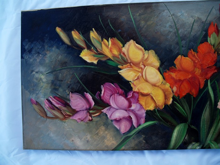 Ölbild vintage STilleben Blumen rosen gladiolen Öl auf Leinen antik rosa gelb grau
