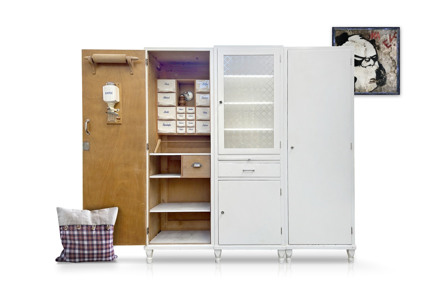 küchenschrank antiker Vorratsschrank Vintage Küchenmöbel Keramikschüttenregal creme MidCentury Deutschland