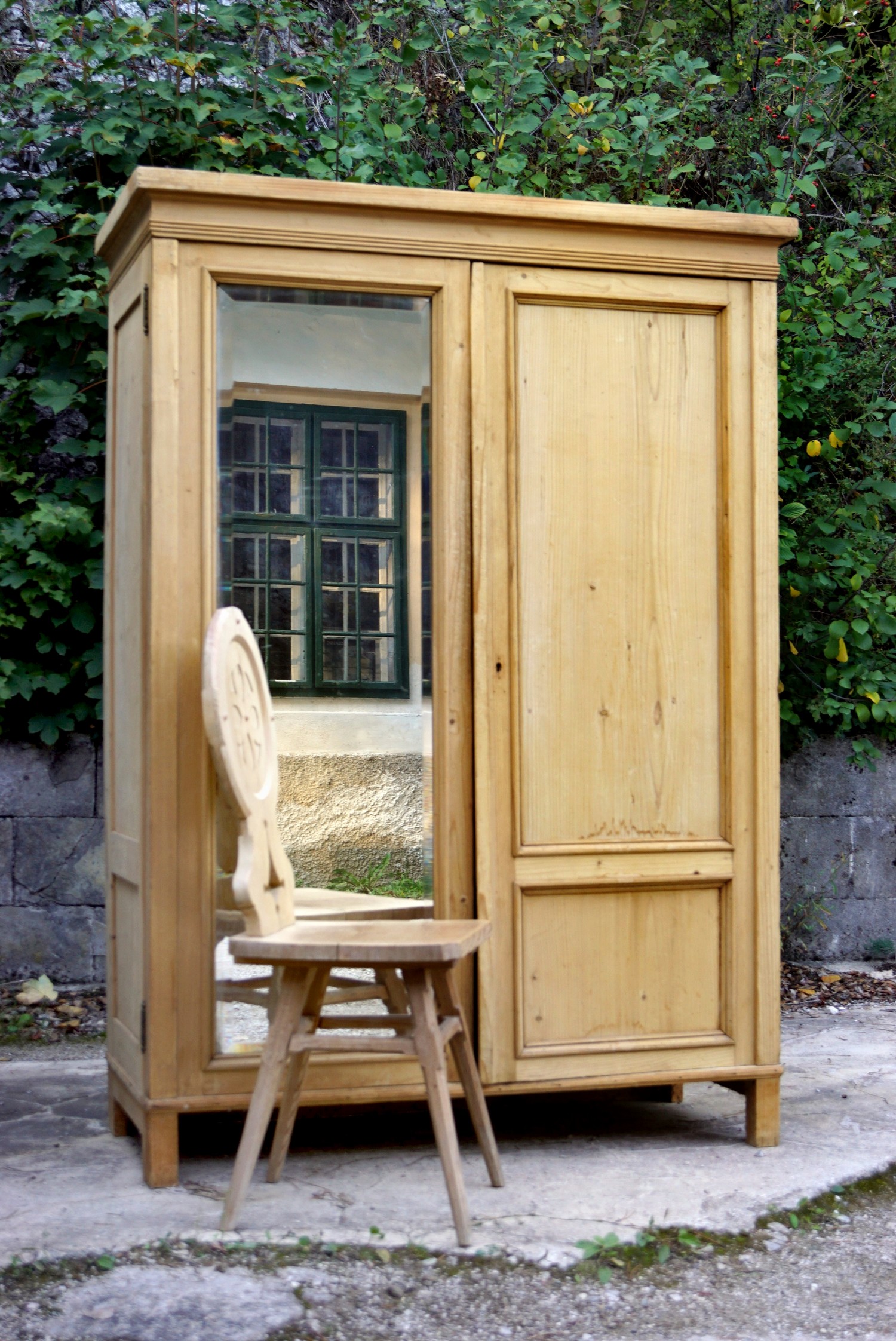 Bauernschrank antik Weichholz Dielenschrank Spiegel Schrank Kasten Bauernmöbel Garderobe kleiderschrank Naturholz