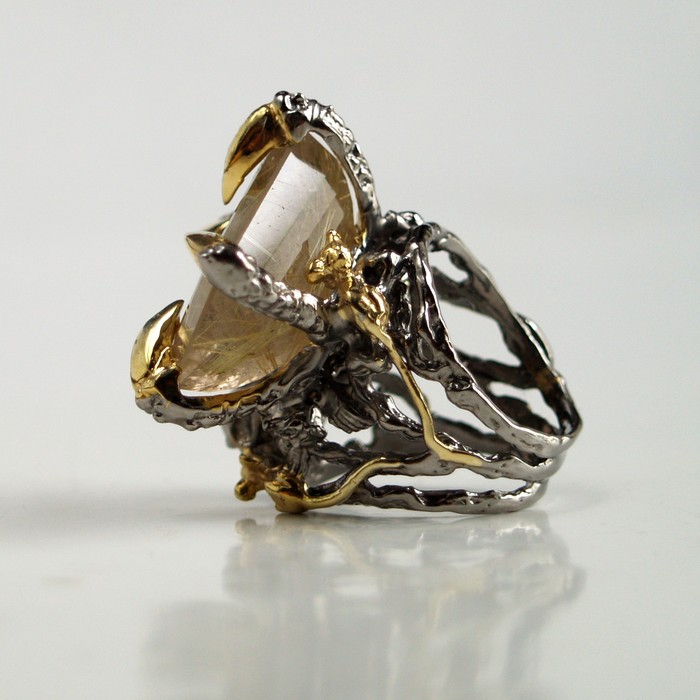 Totenkopf Ring 925 Silber Rutilquarz Edelstein Skelett handgefertigt