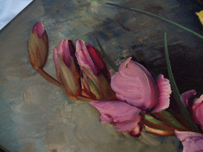 Ölbild vintage STilleben Blumen rosen gladiolen Öl auf Leinen antik rosa gelb grau