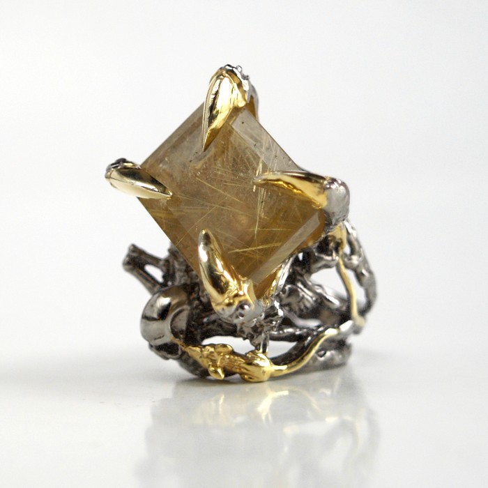 Totenkopf Ring 925 Silber Rutilquarz Edelstein Skelett handgefertigt