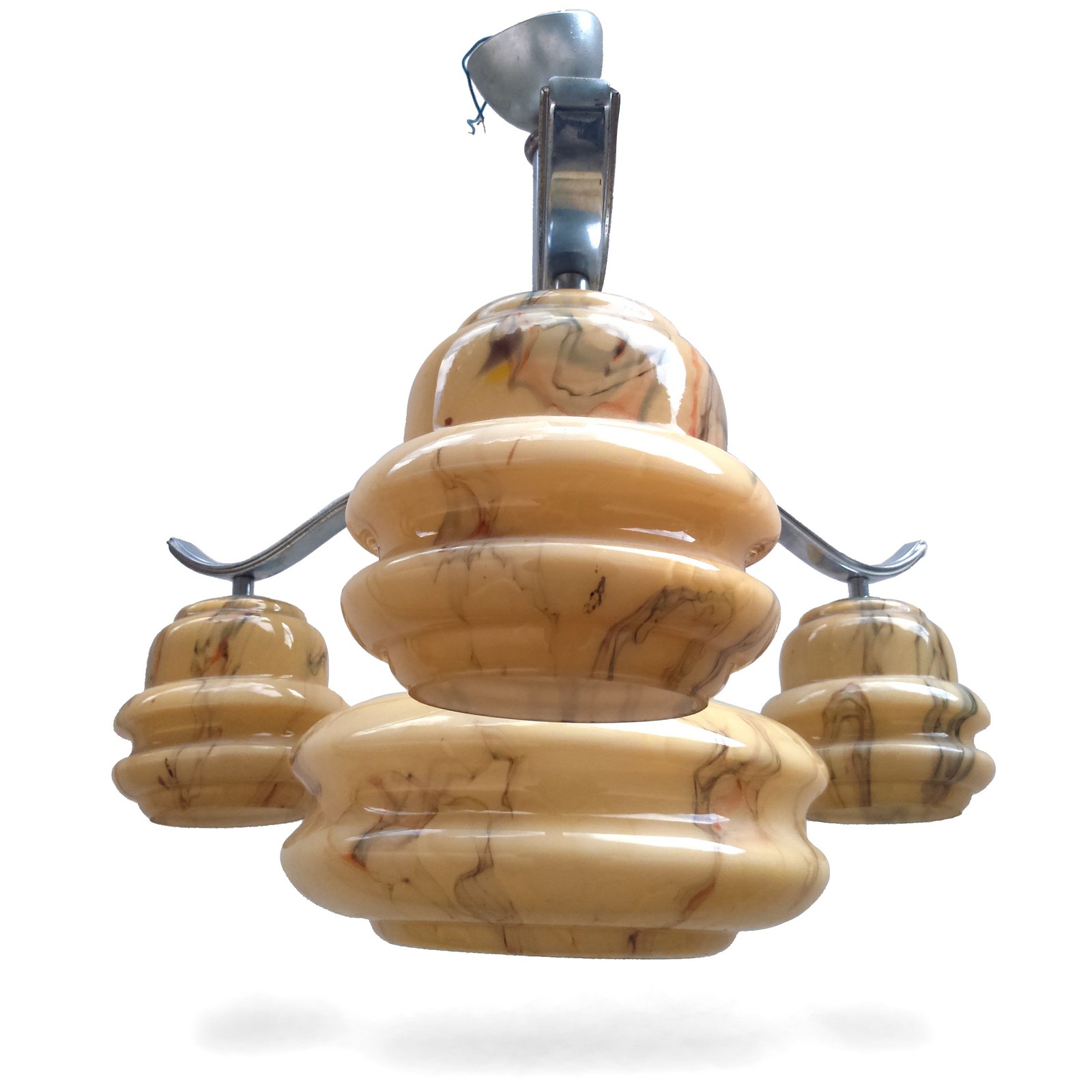 Hängelampe Art Deco 4-flammig Glas marmoriert Chrom Original Art Deco Luster