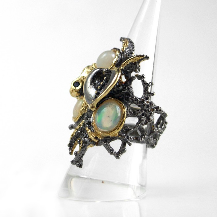 Ring 925 Silber Edelstein Opal Saphir Märchenwald handgefertigt Einzelstück