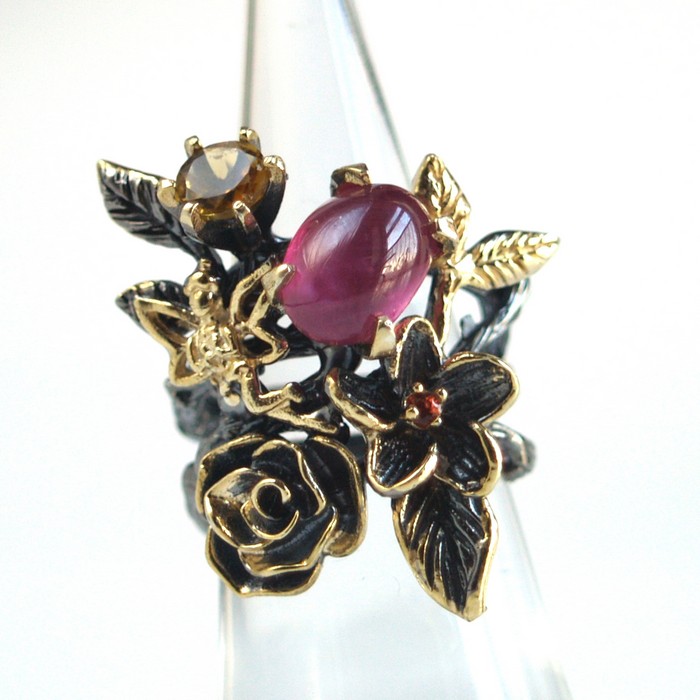 925 Silber Ring Rubin Rose Goth