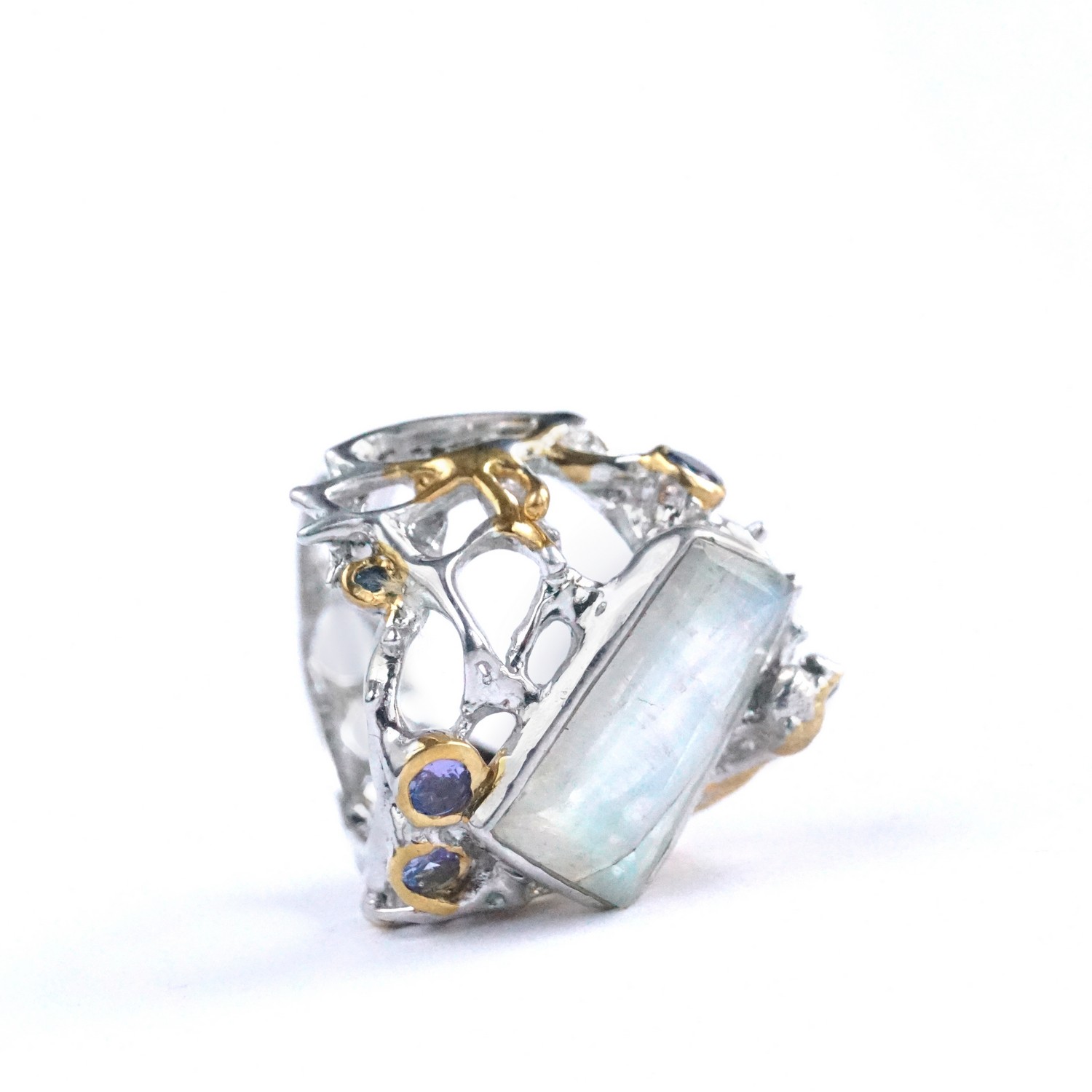 Ring 925 Silber Mondstein natürlich Tansanit Saphir Handarbeit