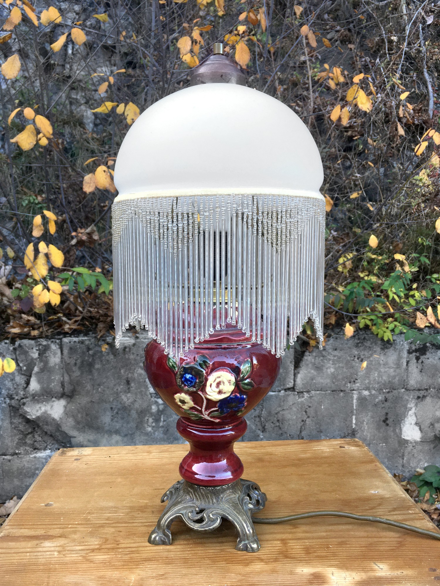 Antike Keramik Tischlampe Original Majolika Vintage Glasstäbchen Leuchter rot Antiquität