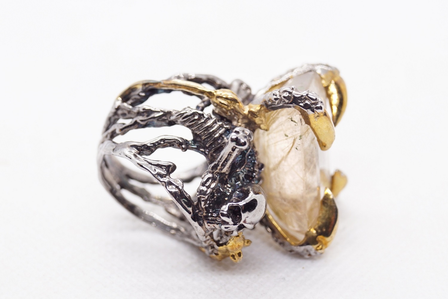 Totenkopf Ring 925 Silber Rutilquarz Edelstein Skelett handgefertigt