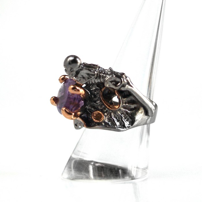 Ring Silber Skelett Amethyst 925 Edelsteine handgefertigt Juweliersarbeit Totenkopf