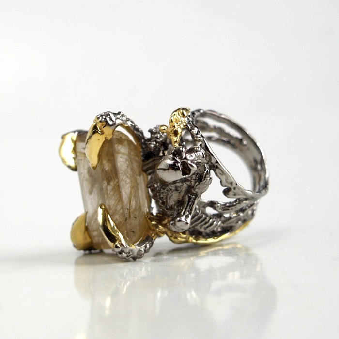Totenkopf Ring 925 Silber Rutilquarz Edelstein Skelett handgefertigt