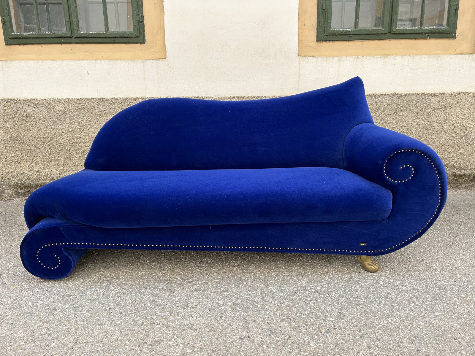 BRETZ Sofa Gaudi Recamiere X210re blau Velours neuwertig Tatzenbeine mattgold
