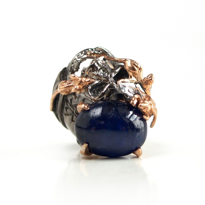 Totenkopf 925 Silber Ring blau Saphir handgefertigt Edelsteine & Mäuse