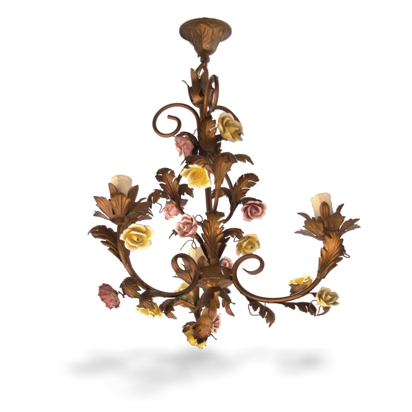 Luster goldfarben mit Porzellanrosen und Blattwerk dreiflammig Luster Rosen