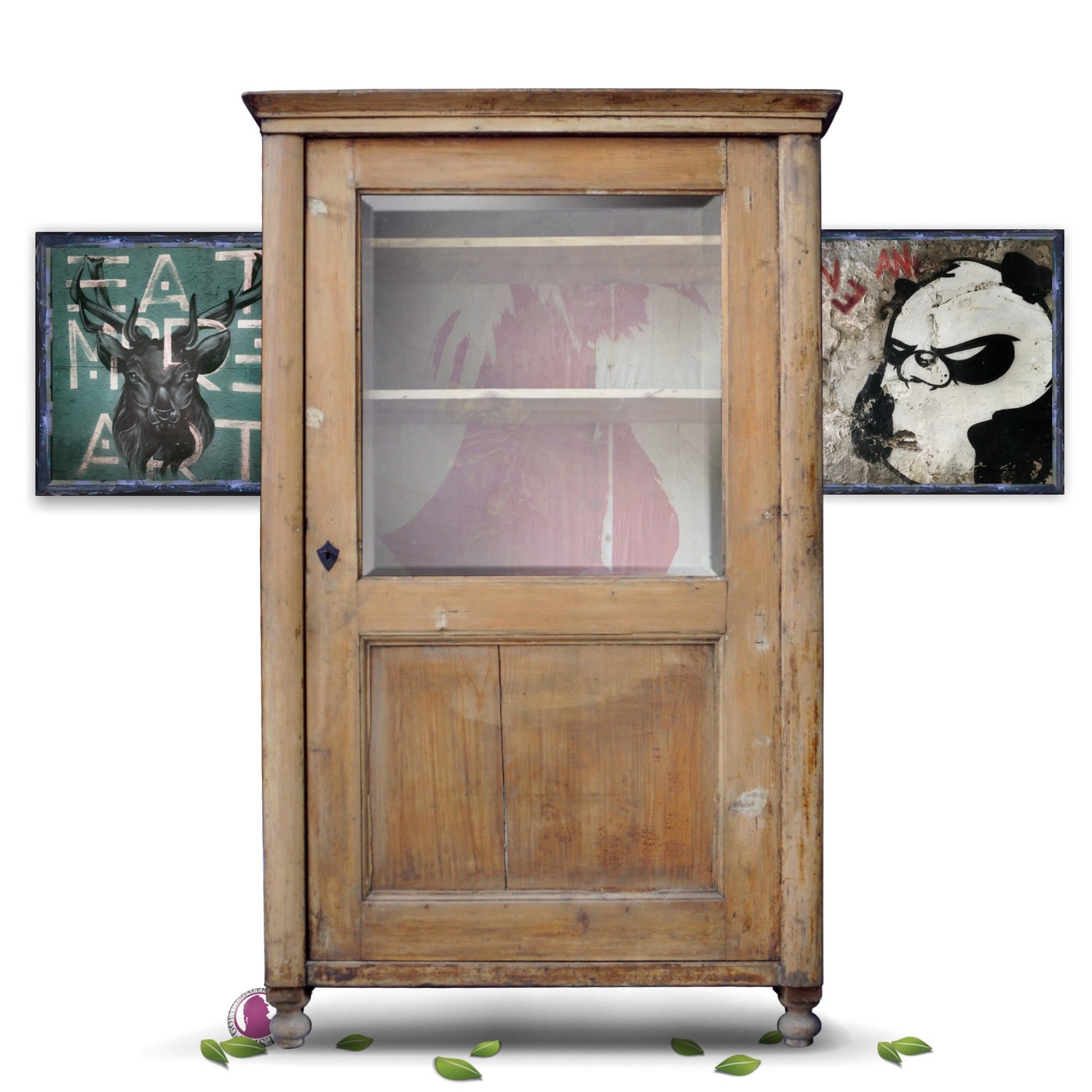 antiker Vitrinenschrank Design weiß rot Holz Vintage restauriert Weichholz Naturholz Restaurator Möbel