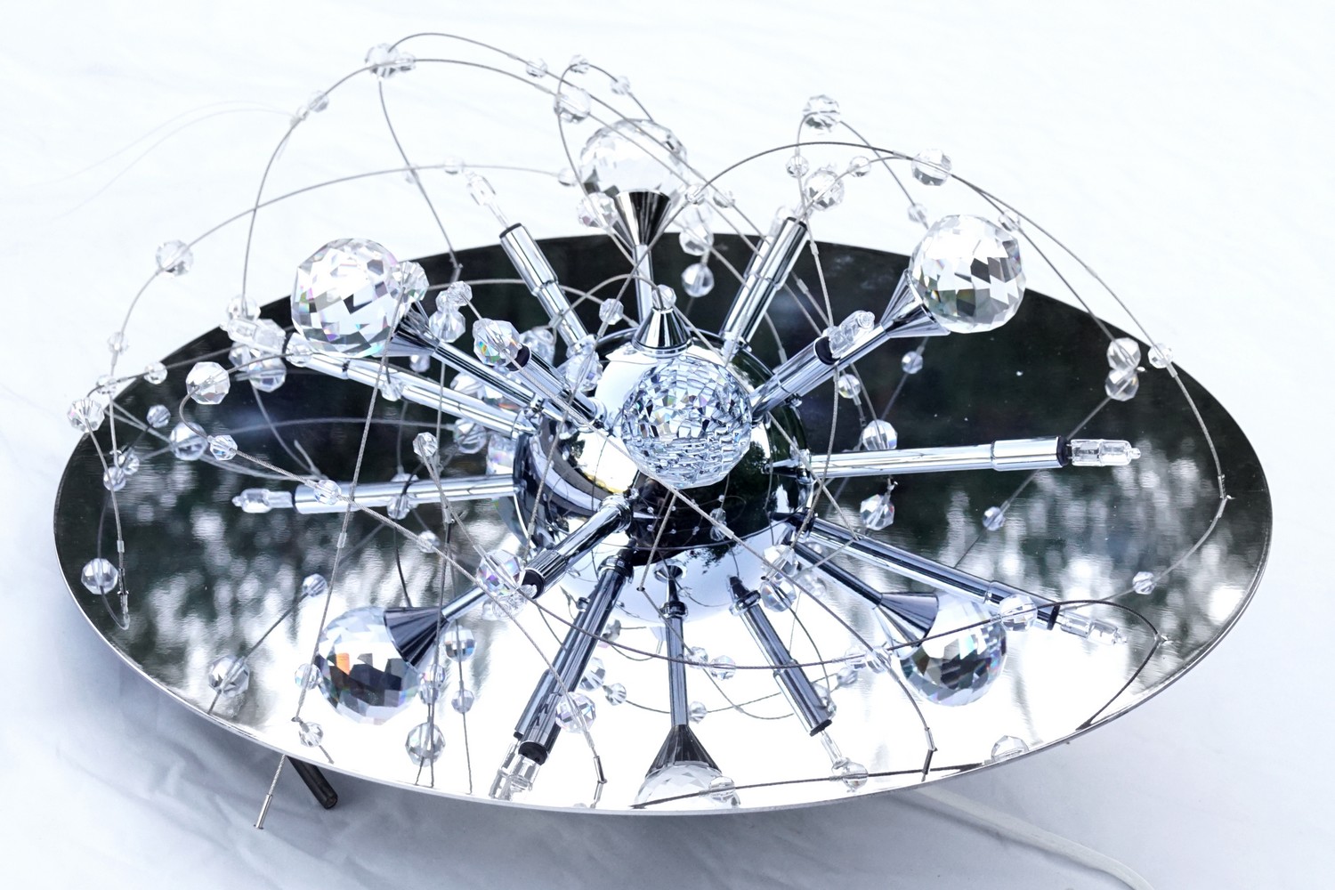 Luster Orion Wien Hängelampe funklender Bleikristall Leuchter Chrom "Uranus" Spaceage Sputnik chrom Lamp Design